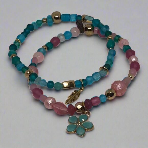 Vintage Inspired Glass Beads Stretch Dainty Bracelet Set Pink & Turquoise - Picture 1 of 6